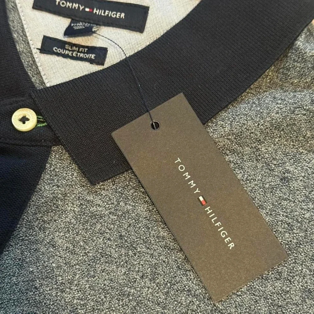 Tommy Hilfiger NWT Men's 3XL Slim Fit Crest Polo Heather Gray Navy Contrast New - Picture 4 of 7